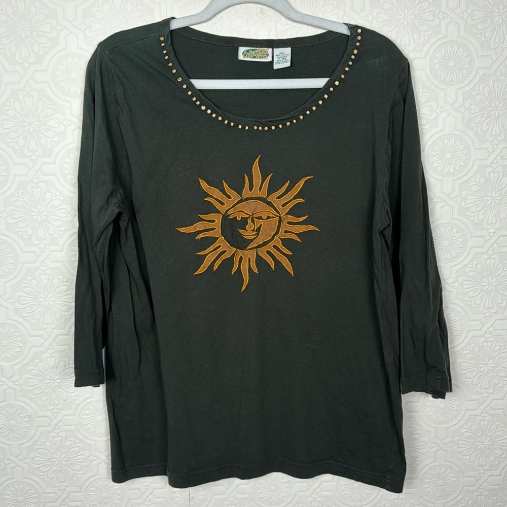 Vintage Sun Shirt Hippie Boho Bohemian 3/4‎ Sleeve Patchwork Astrology Cosmic